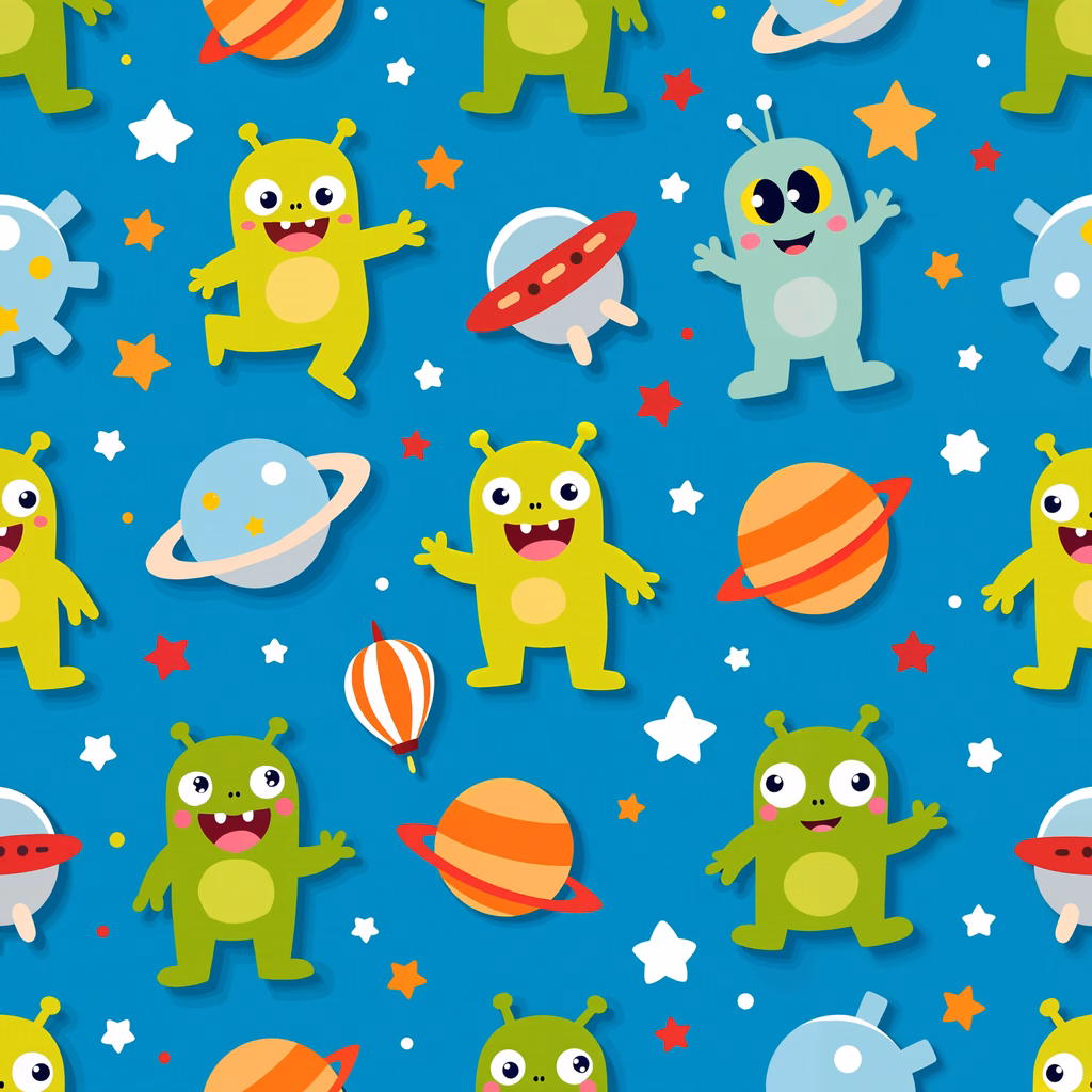 Brightly colored alien space party illustration for kids.