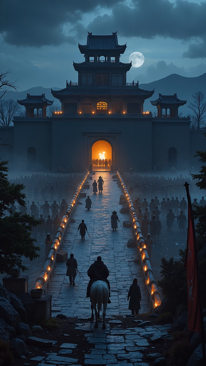 A majestic ancient gateway illuminated by moonlight, surrounded by disciplined soldiers in a solemn night scene.