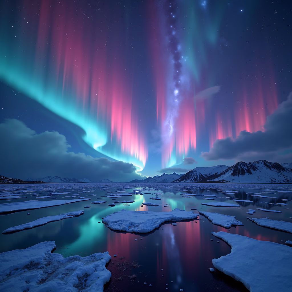 Vibrant auroras over icy waters and snowy mountains create a stunning natural light display.
