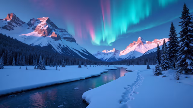 Aurora Borealis Over Snowy Mountains