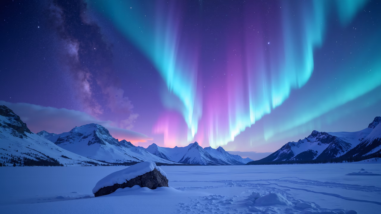 Vibrant aurora borealis over snowy mountains, serene winter landscape