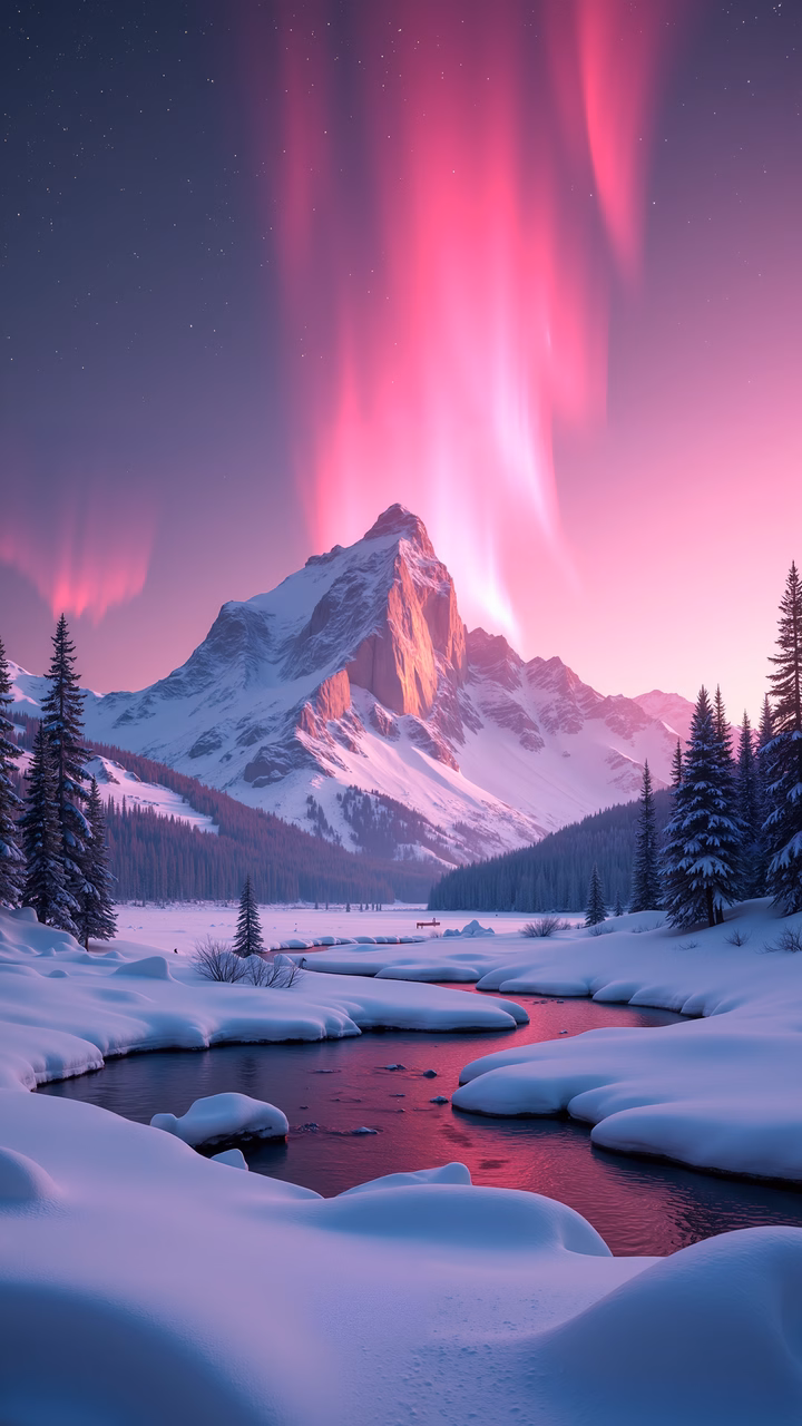 Aurora Borealis over snowy peaks, serene landscape, winter wonderland