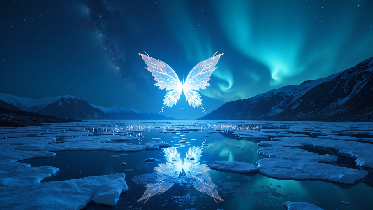 Glowing butterfly over tranquil lake under aurora borealis
