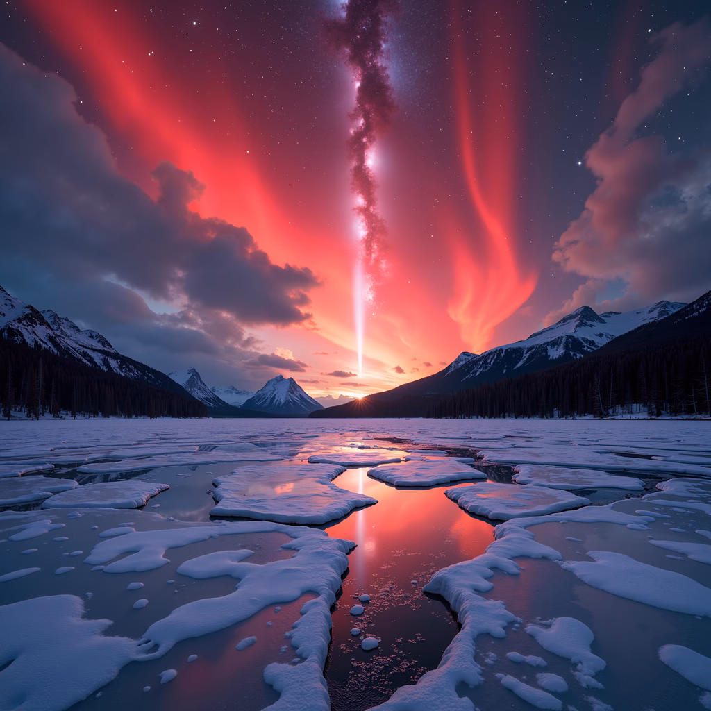 Mesmerizing auroras over a frozen lake, capturing the beauty of nature in winter.