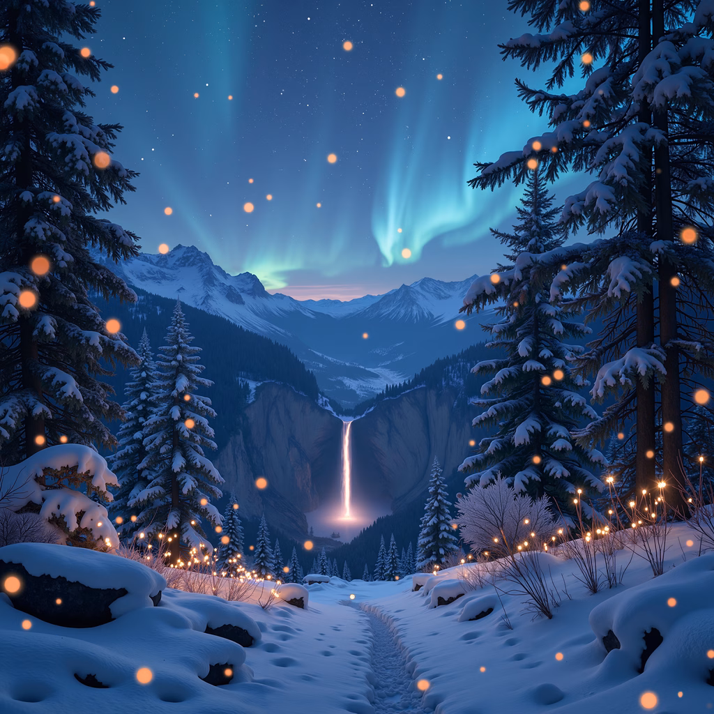 Aurora-lit winter wonderland with snow-covered trees and a glowing waterfall.