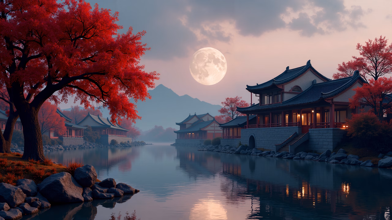 Autumnal tranquility with traditional architecture and a full moon.