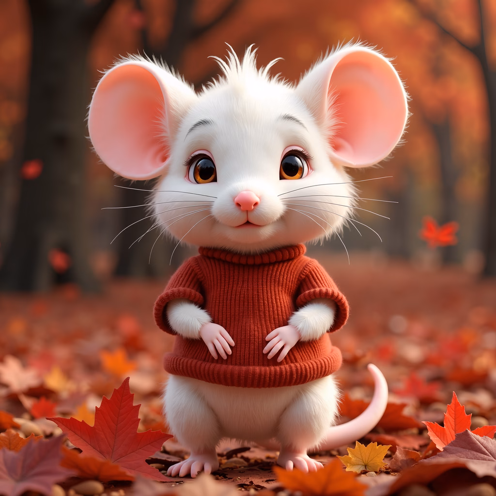 A cute mouse in a red sweater surrounded by autumn leaves, creating a warm and cozy atmosphere.
