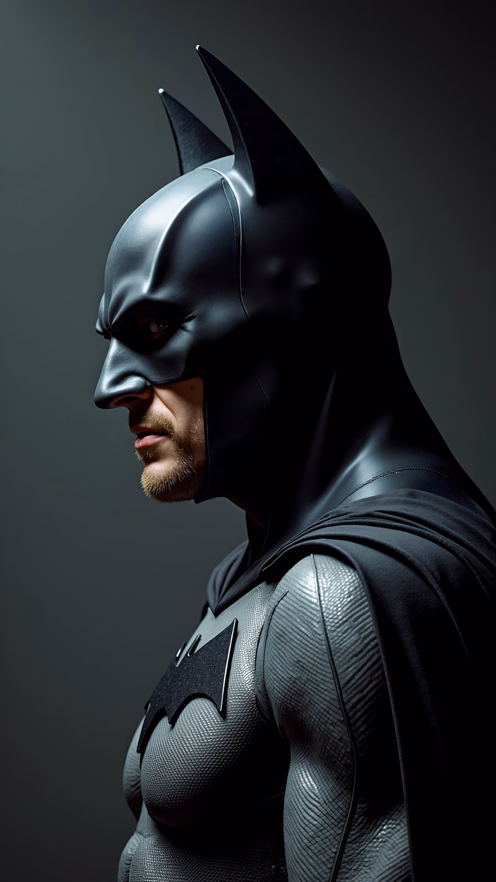 Dark knight in textured suit, dramatic side profile, intense atmosphere.