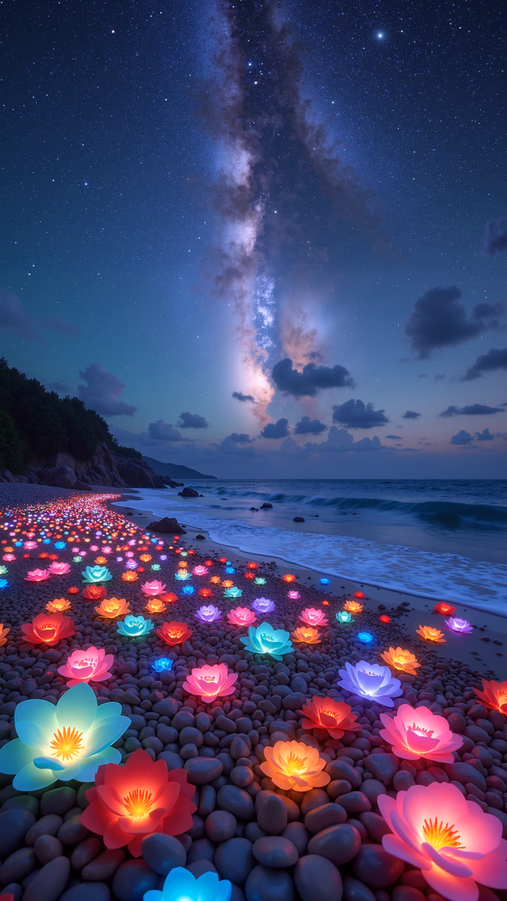 Colorful lotus lanterns illuminate a peaceful beach under a starry sky.