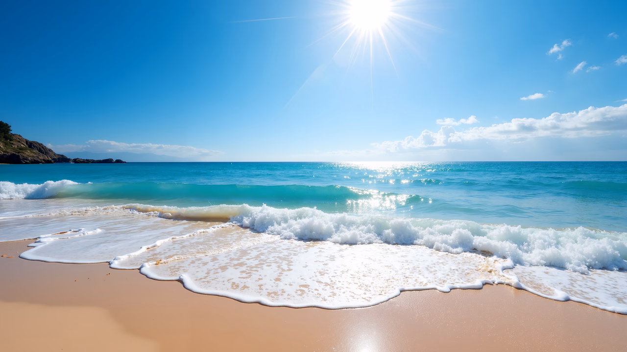 A picturesque beach with turquoise waters and a sunny sky.