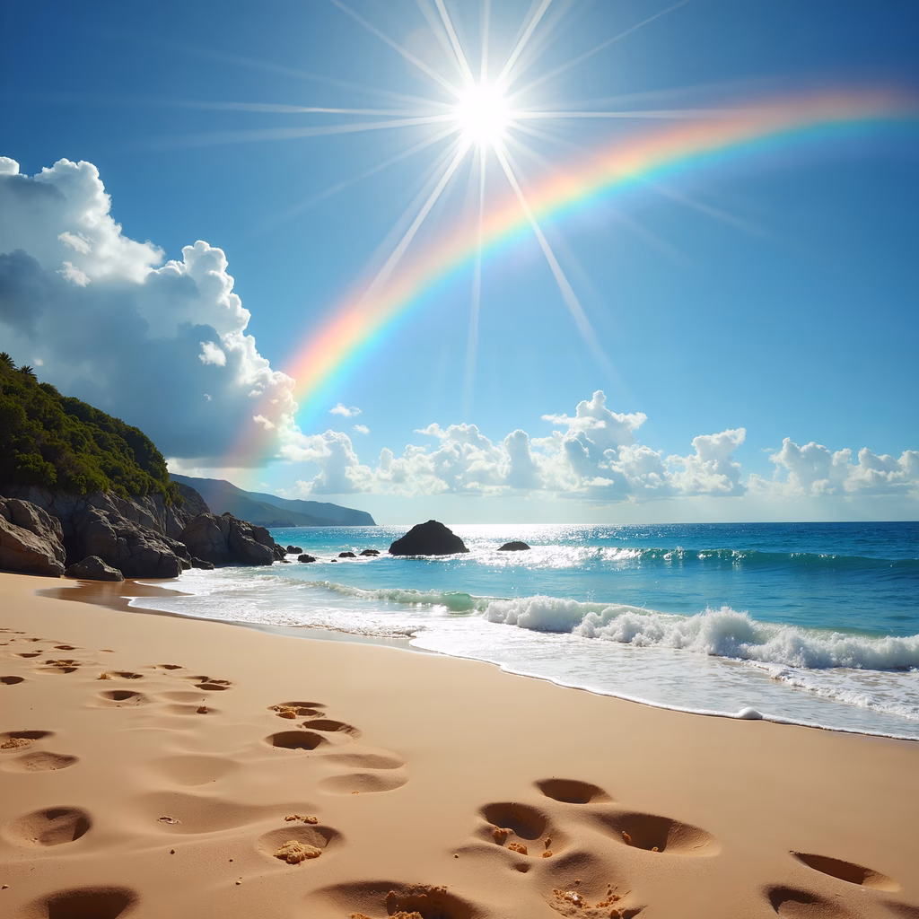 Sunlit beach with rainbow and footprints on golden sand.