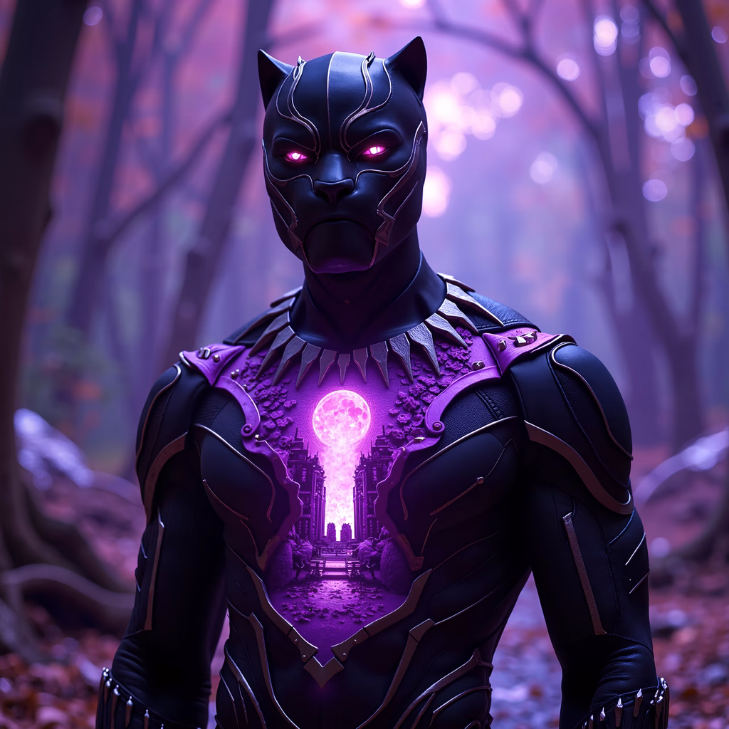 A powerful Black Panther in a glowing purple forest, symbolizing strength and mystery.