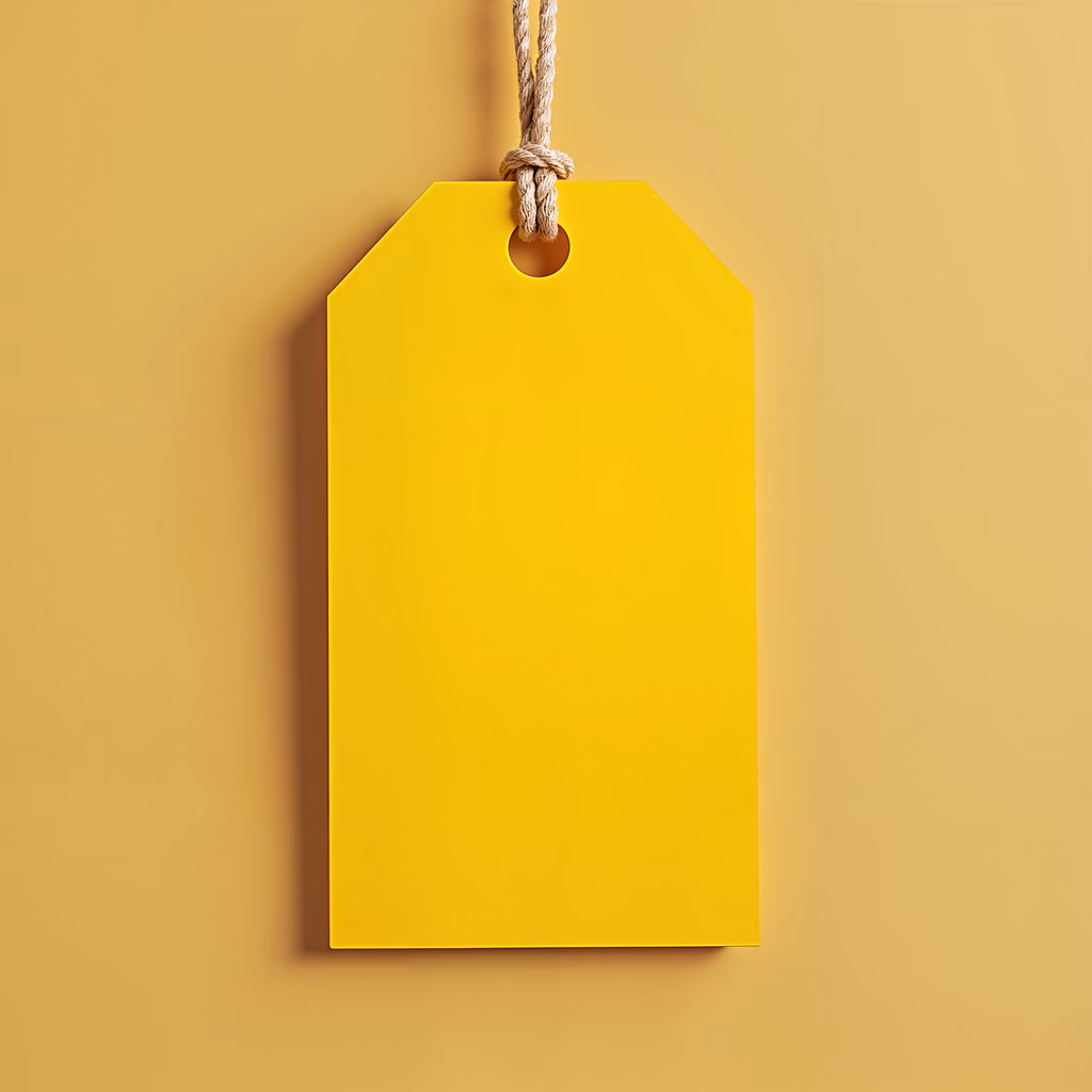 Bright yellow tag against a warm beige background, minimalist design.
