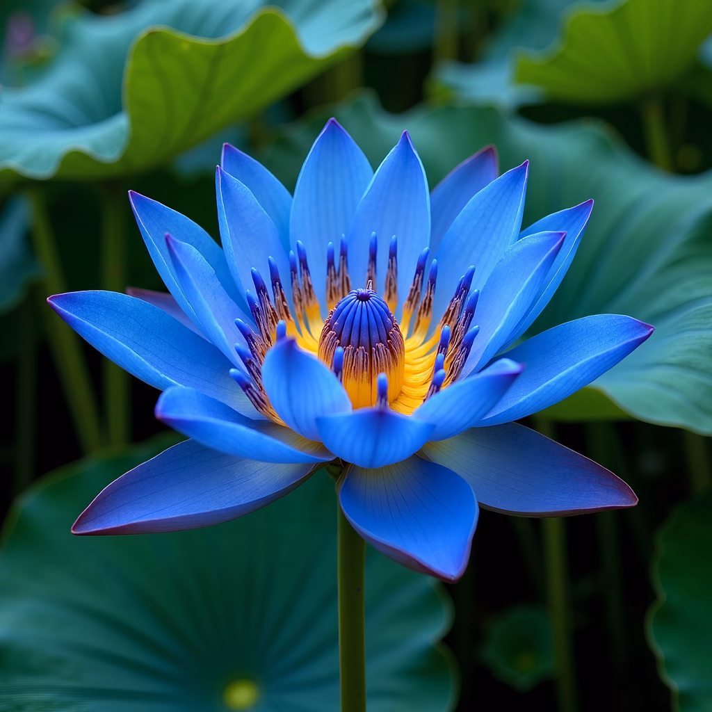 Close-up of a stunning blue lotus flower with a yellow center, surrounded by green foliage.