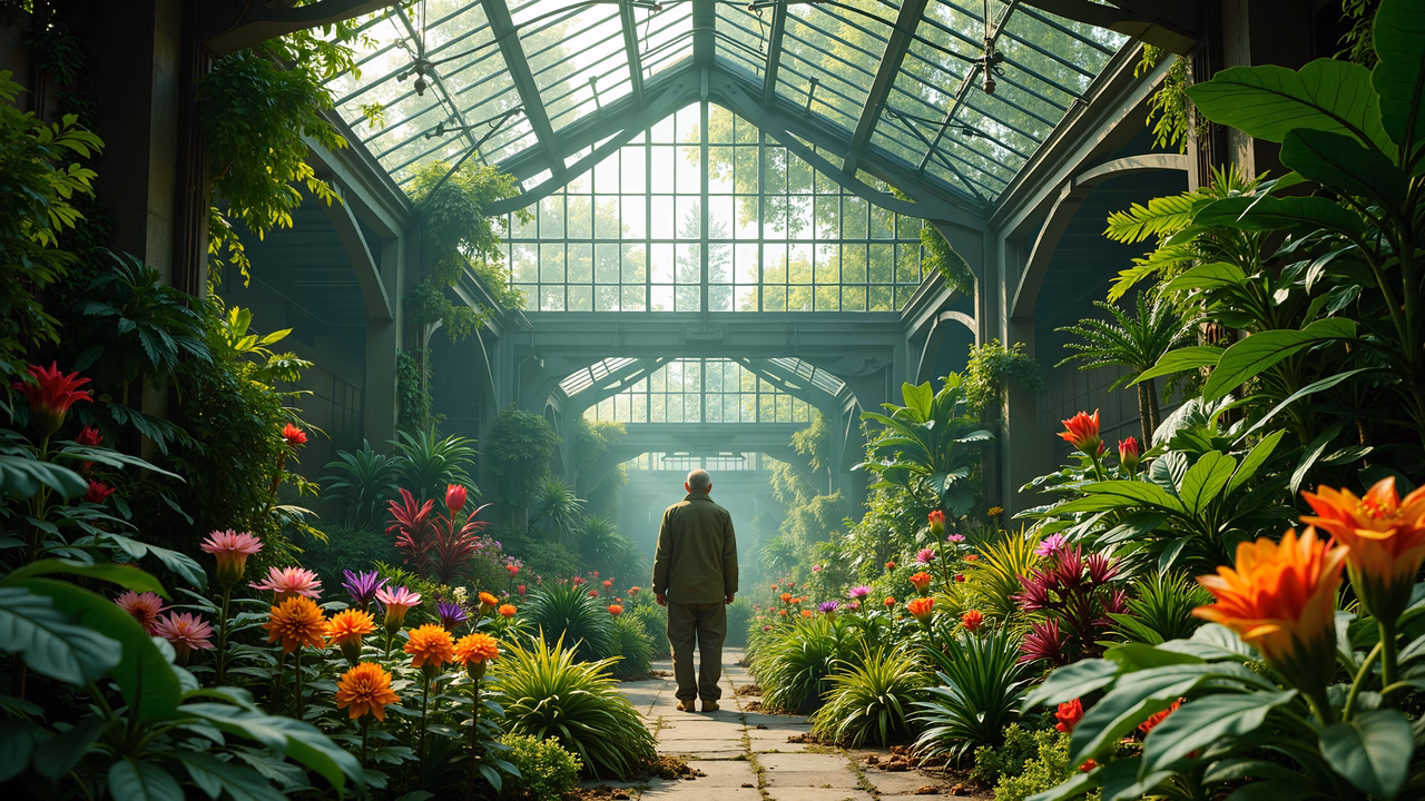 Solitude amidst blooming gardens under a sunlit roof.