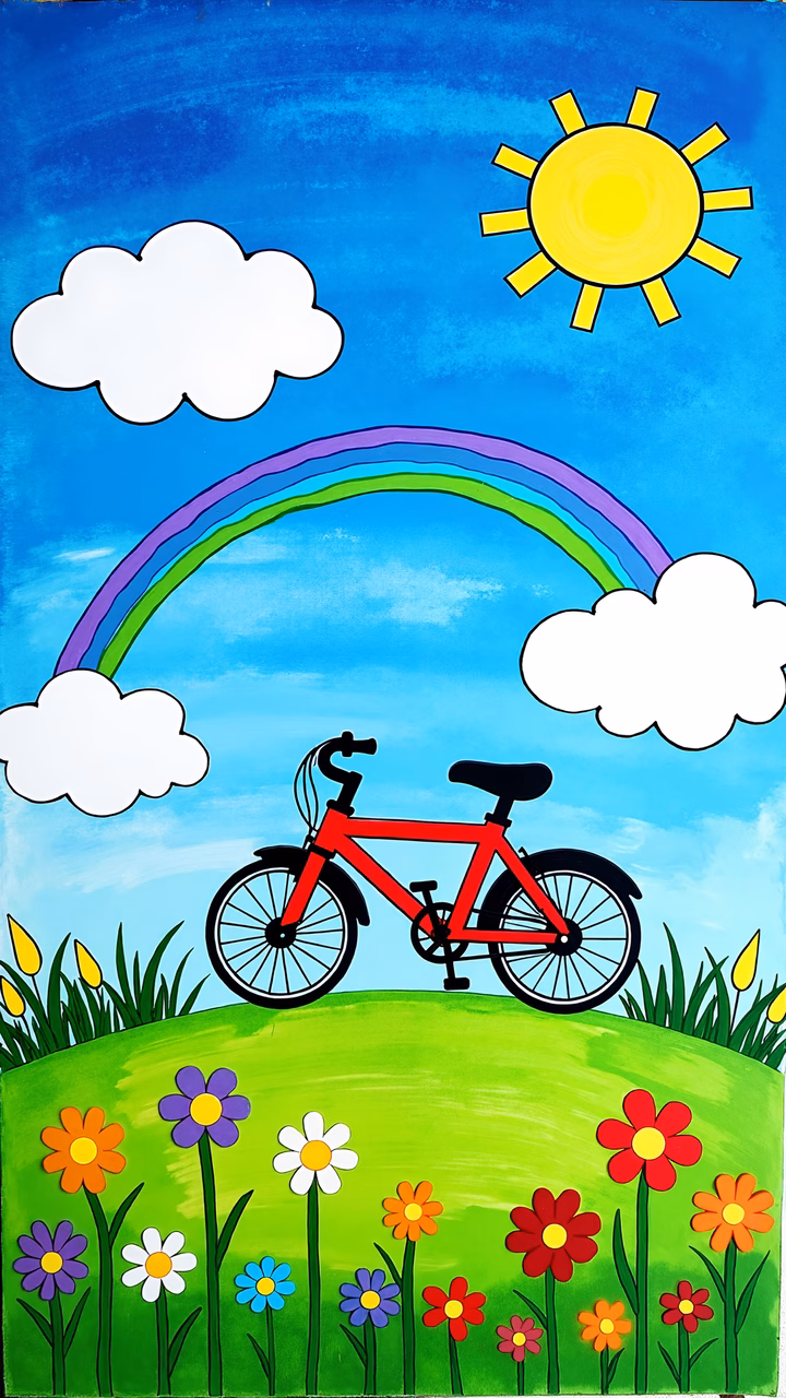 A red bicycle on a green hill with colorful flowers and a bright rainbow under a sunny sky.