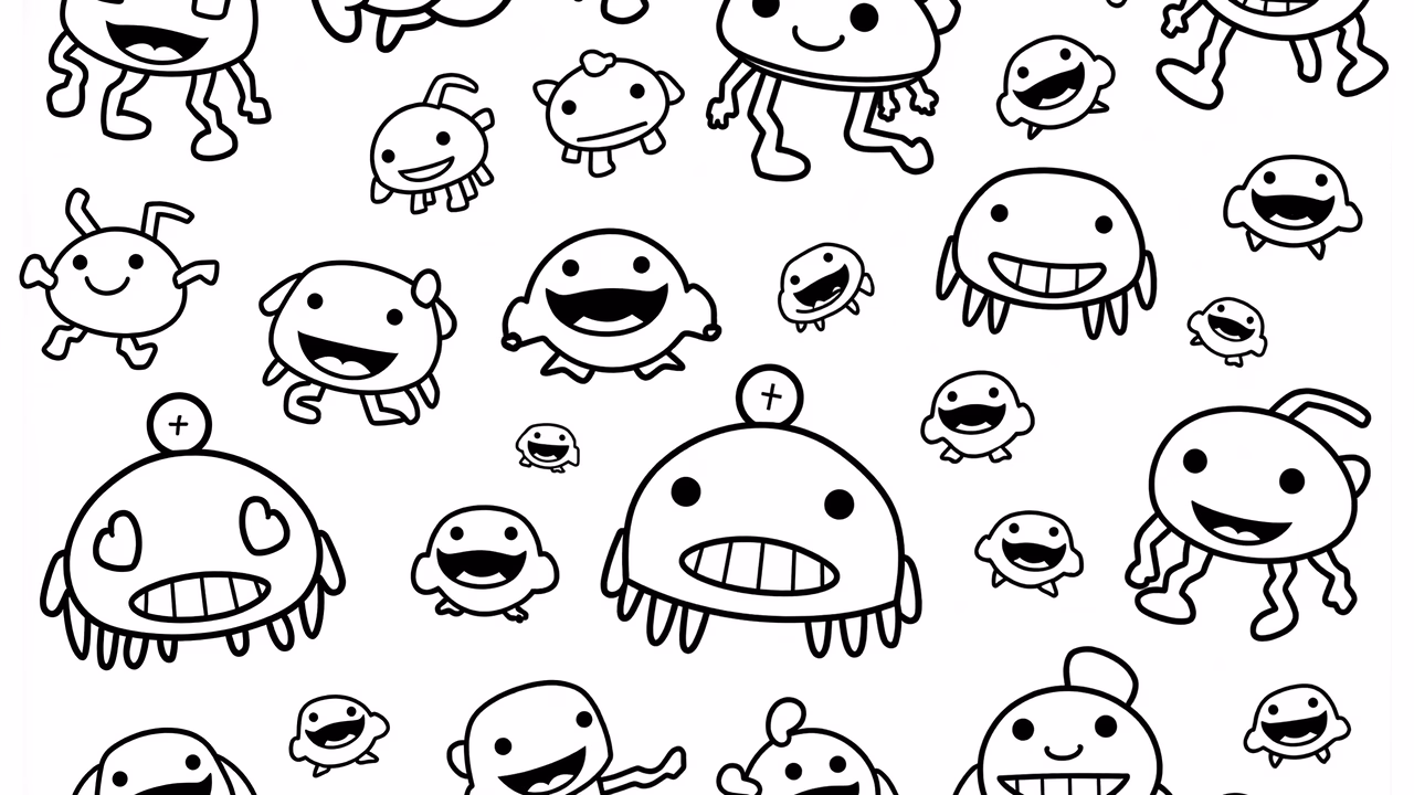 A charming black-and-white illustration of diverse cartoon characters.
