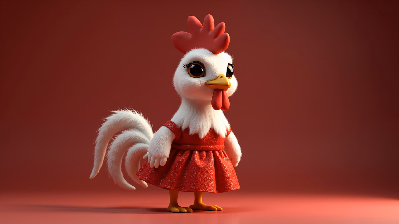 A cute cartoon chicken in a red dress, perfect for children’s art.
