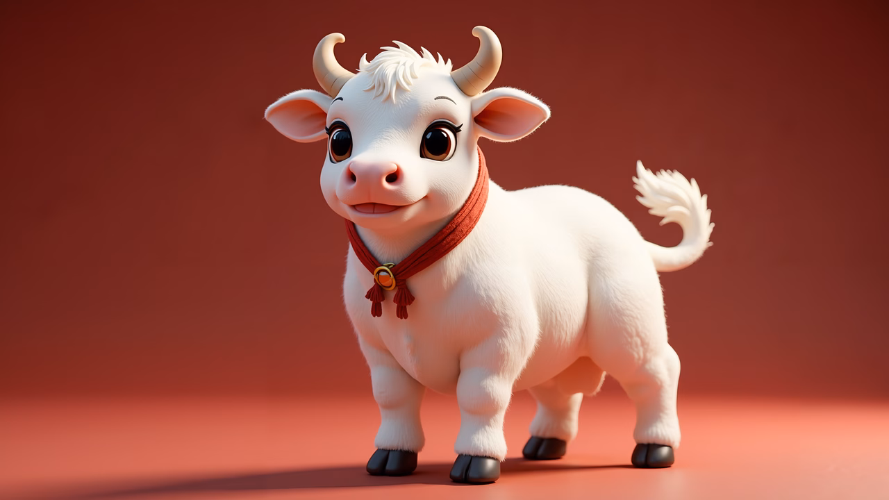 A friendly cartoon cow with a red scarf on a warm red background.