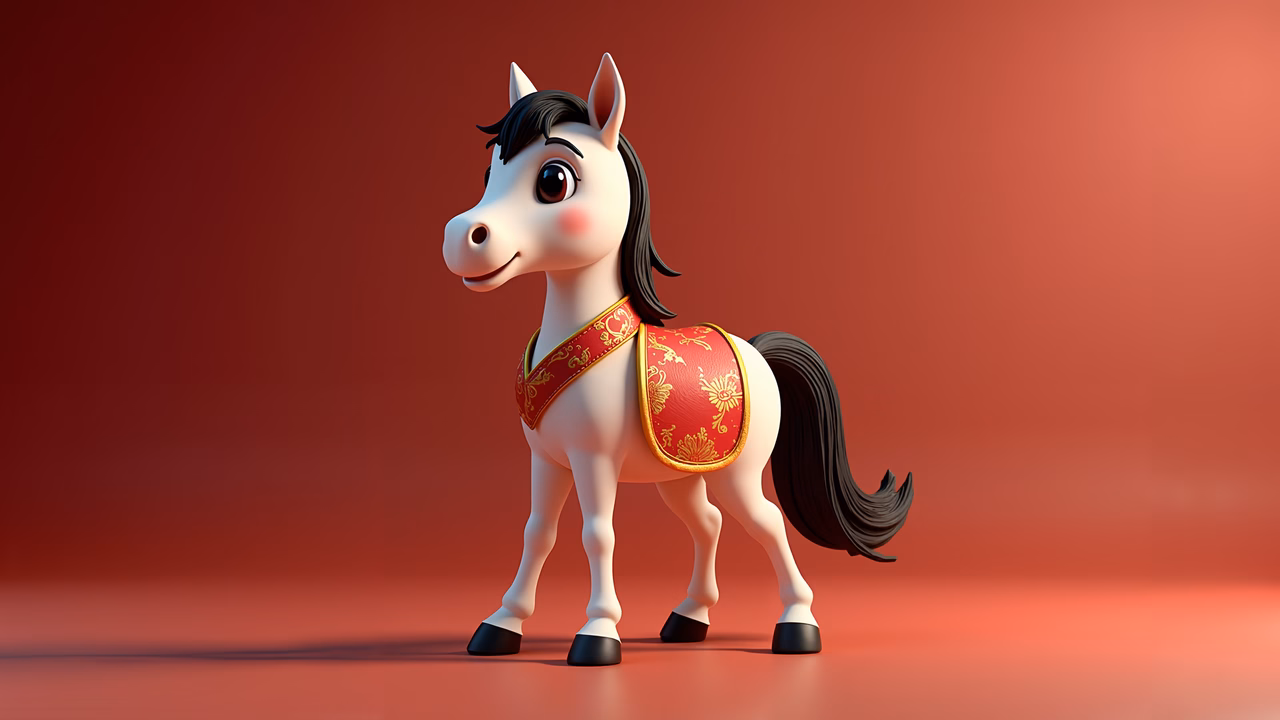 A cute cartoon horse wearing a red saddle, perfect for children's art.