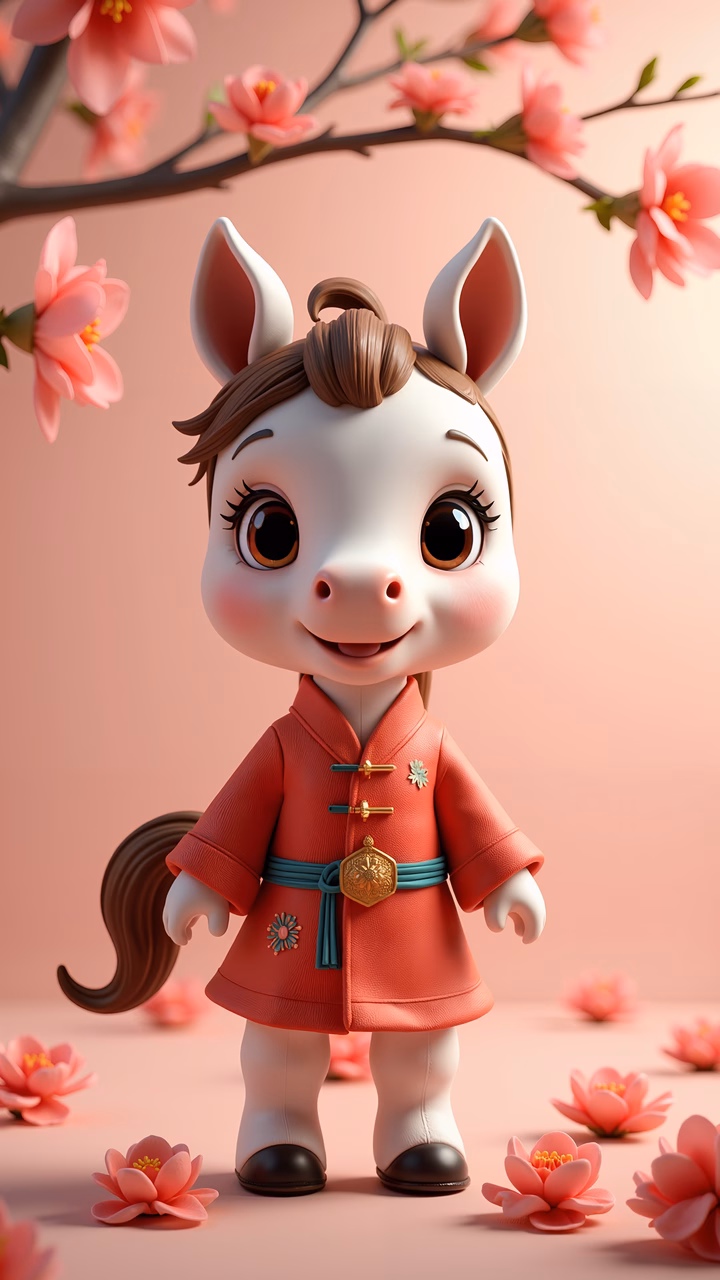 A cute cartoon horse in a traditional Chinese robe surrounded by blossoms.