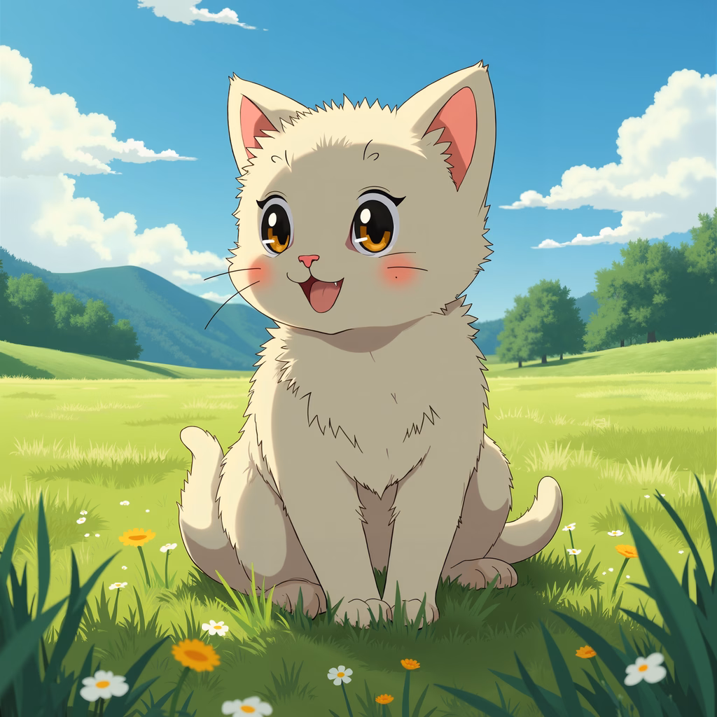 A happy kitten in a picturesque meadow, perfect for children's art.