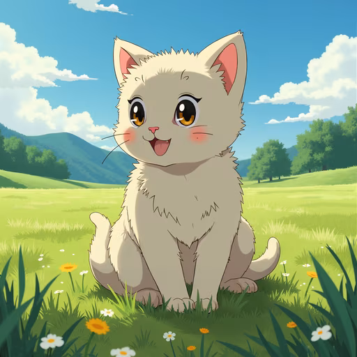 Cartoon Kitten in a Meadow