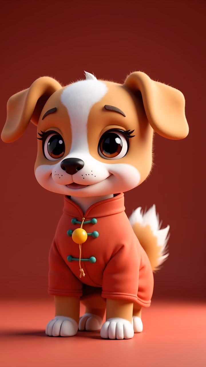 A delightful cartoon puppy in traditional Chinese clothing, exuding warmth and cheerfulness.