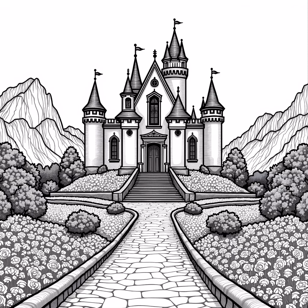 Elegant black-and-white fantasy castle with rose gardens and stone path.