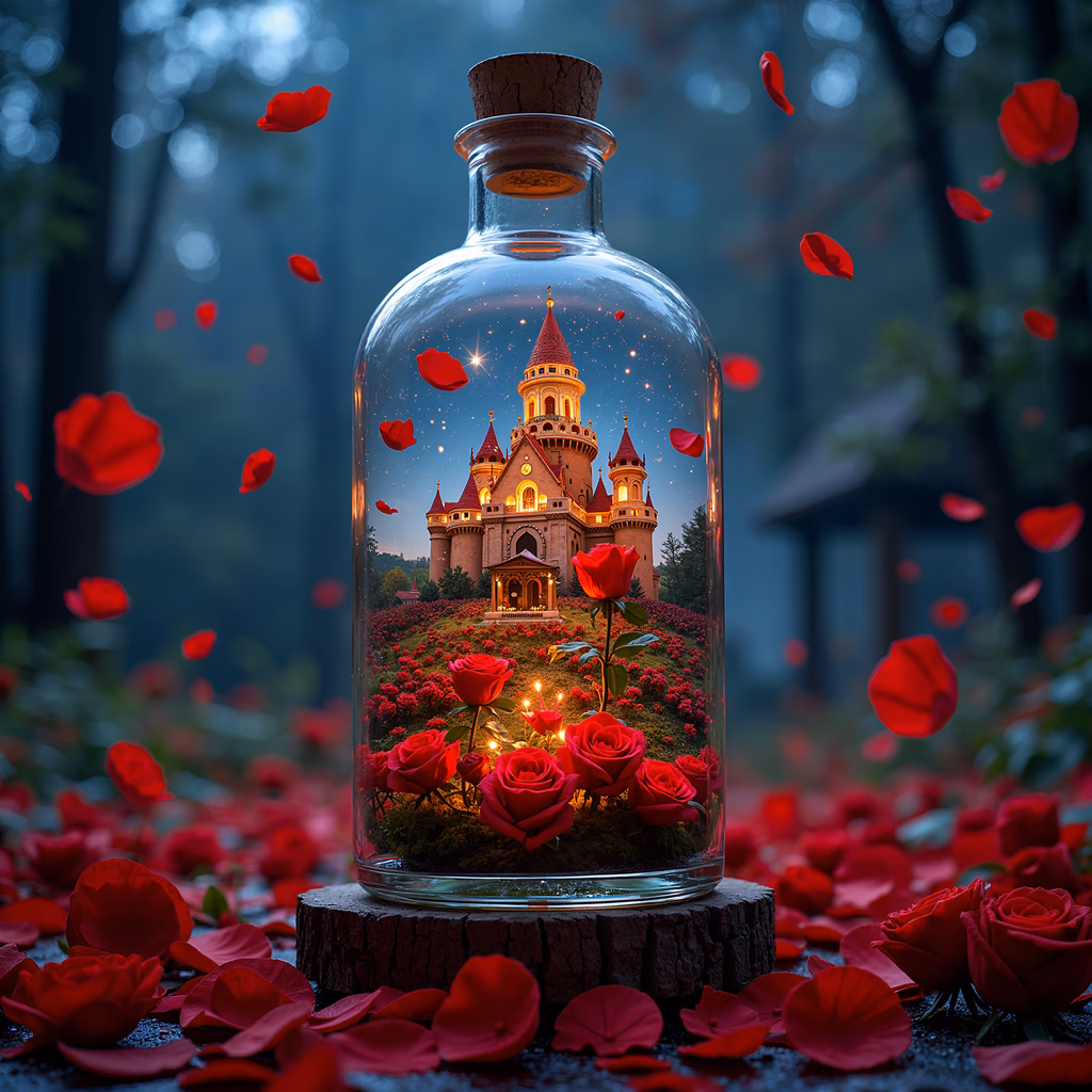 Enchanted castle in a glass bottle, surrounded by roses, magical fantasy