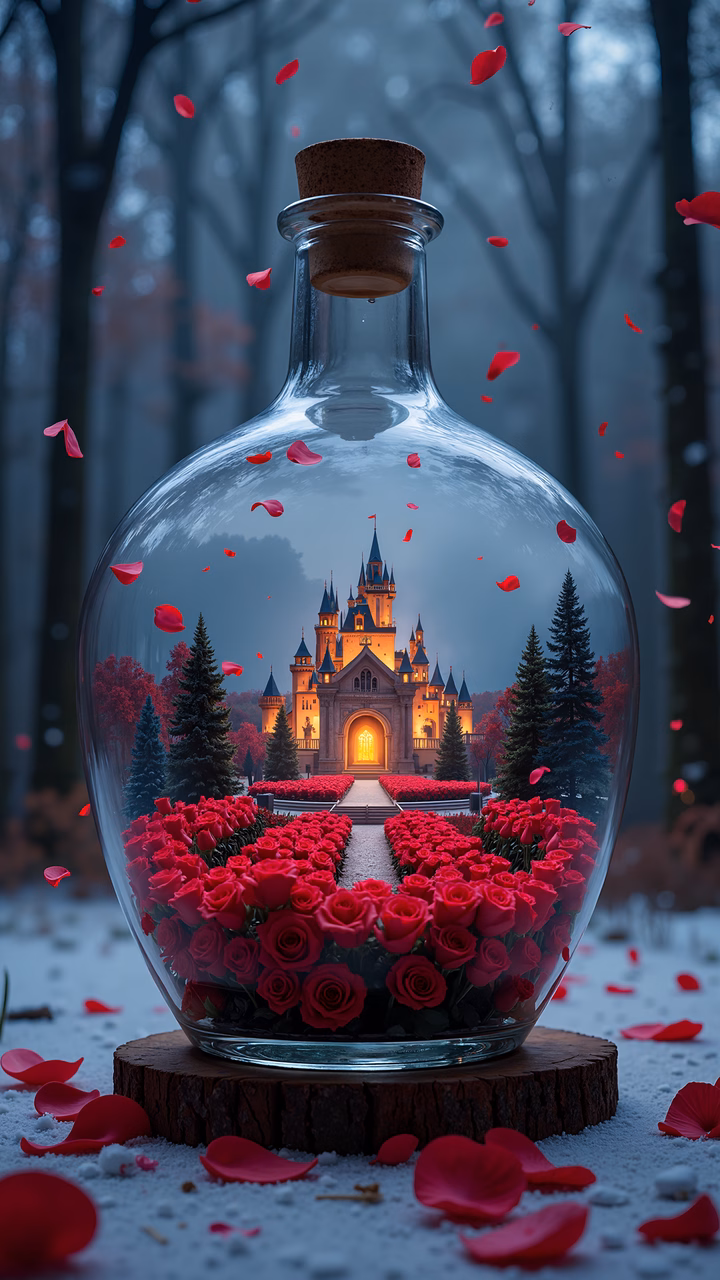 Enchanted castle inside a glass bottle, surrounded by roses and misty forest.