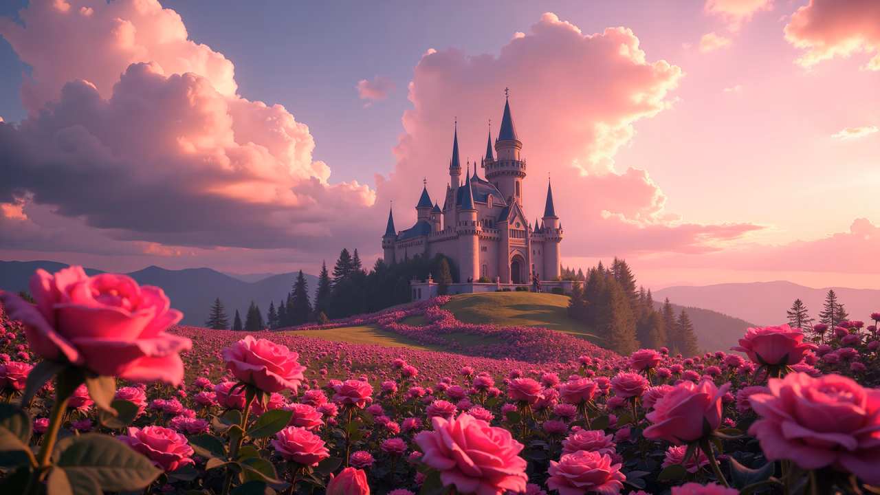 Magical castle amidst blooming pink roses under a dreamy sky.