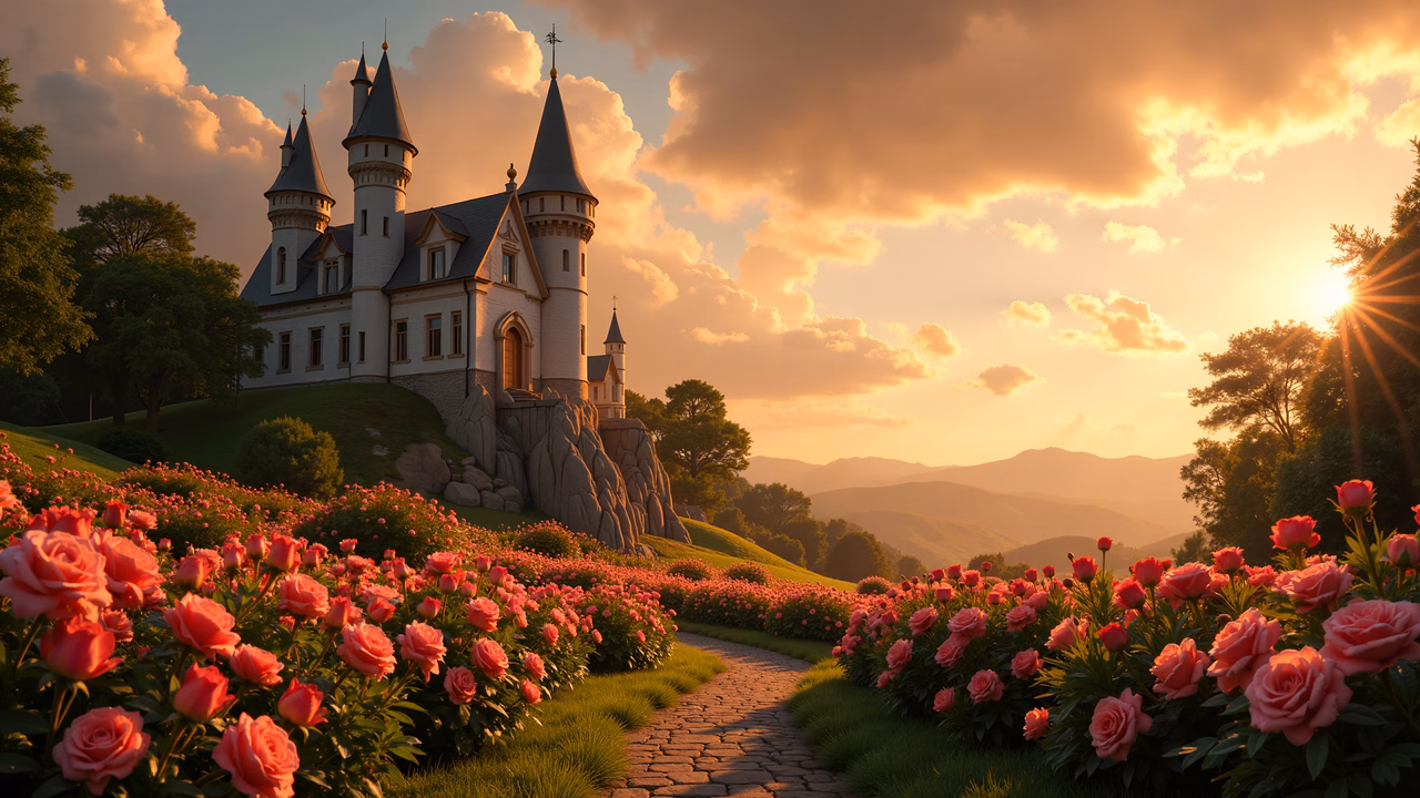 A magical castle surrounded by roses under a golden sky.