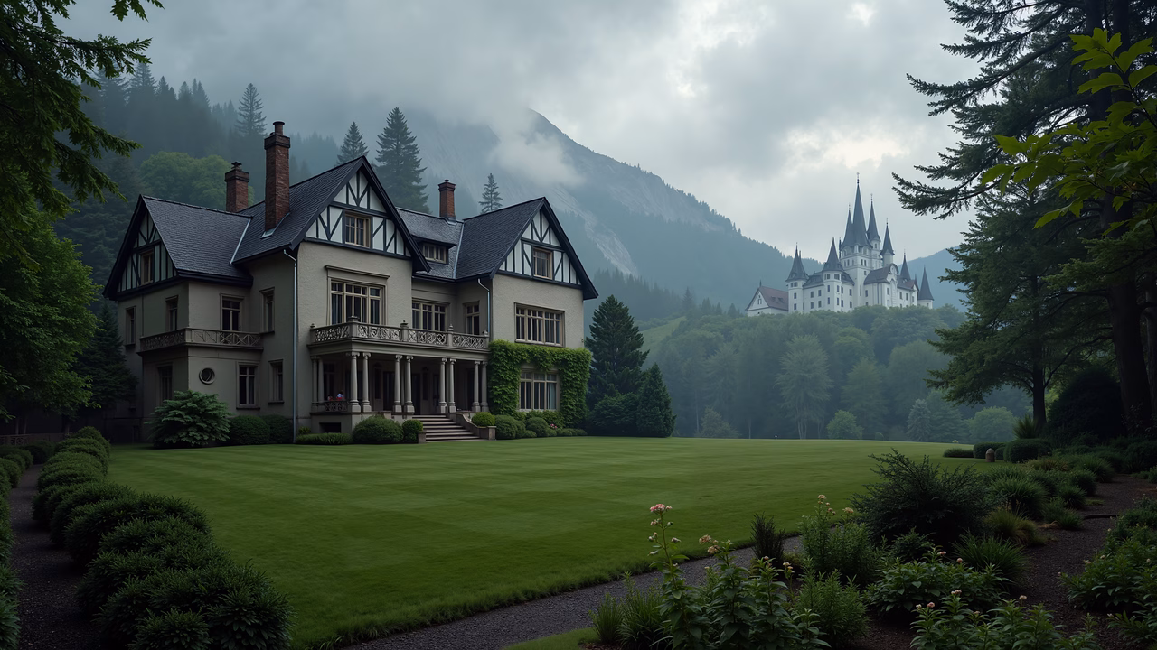 Majestic castle in misty landscape, serene and mysterious.