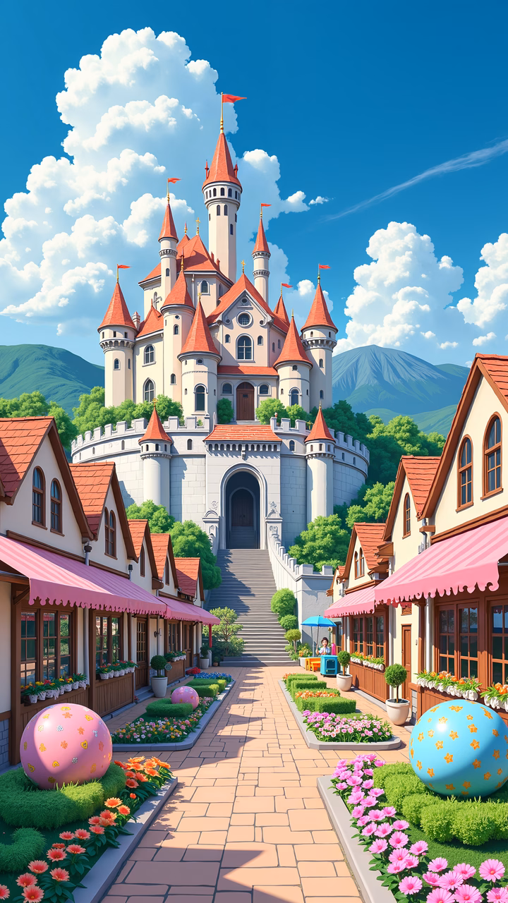 Whimsical fantasy castle with vibrant colors and charming details.