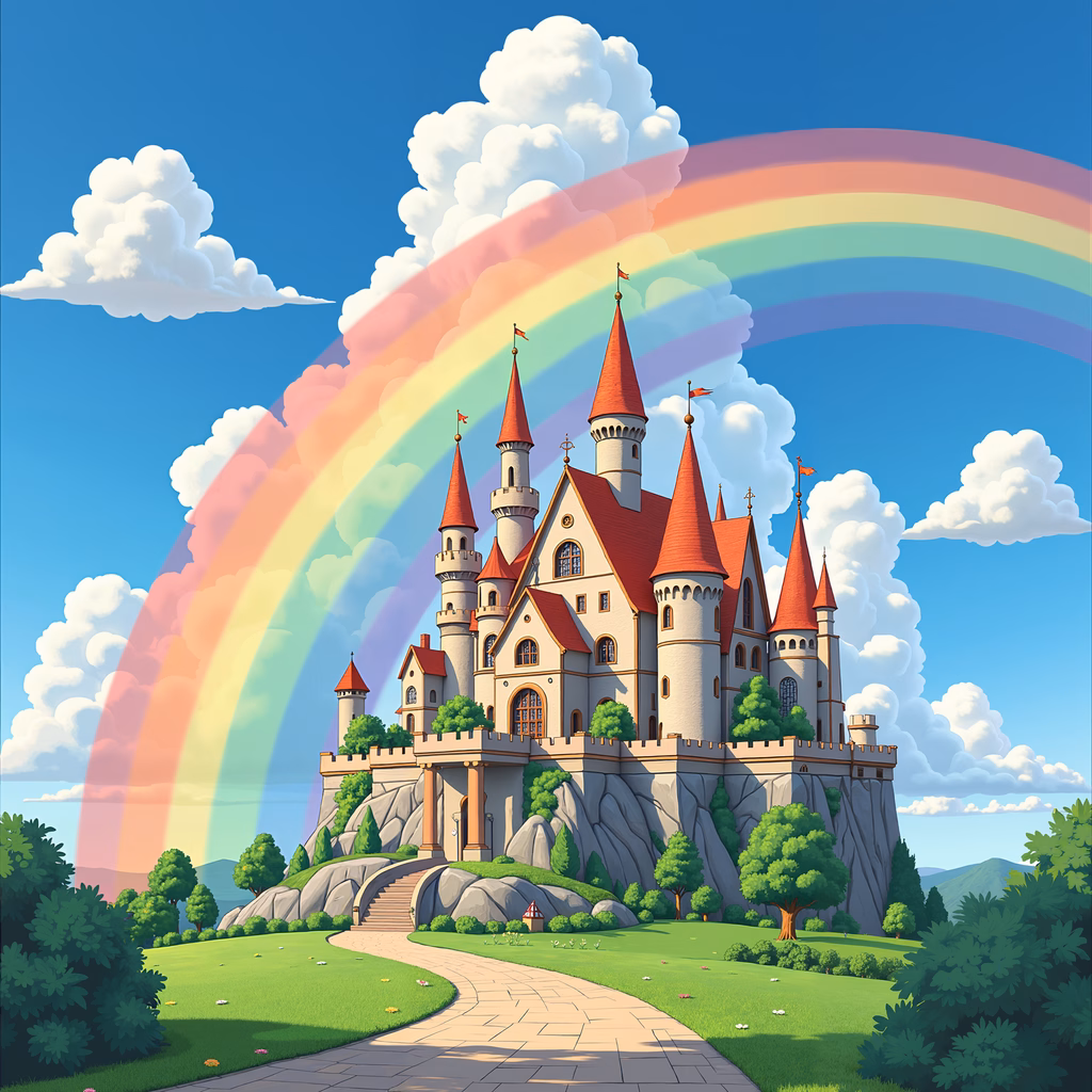 Magical castle with rainbow and lush greenery under sunny skies.