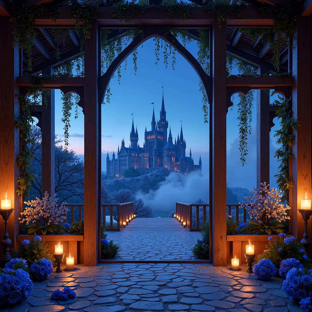 A mystical castle view through an arched gateway, bathed in candlelight under a twilight sky.
