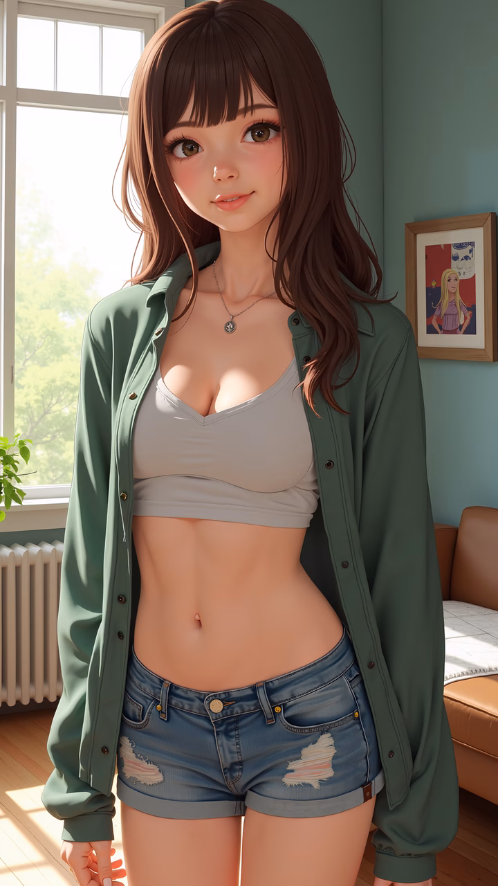 A stylish young woman in a casual outfit, captured in a cozy, sunlit room.