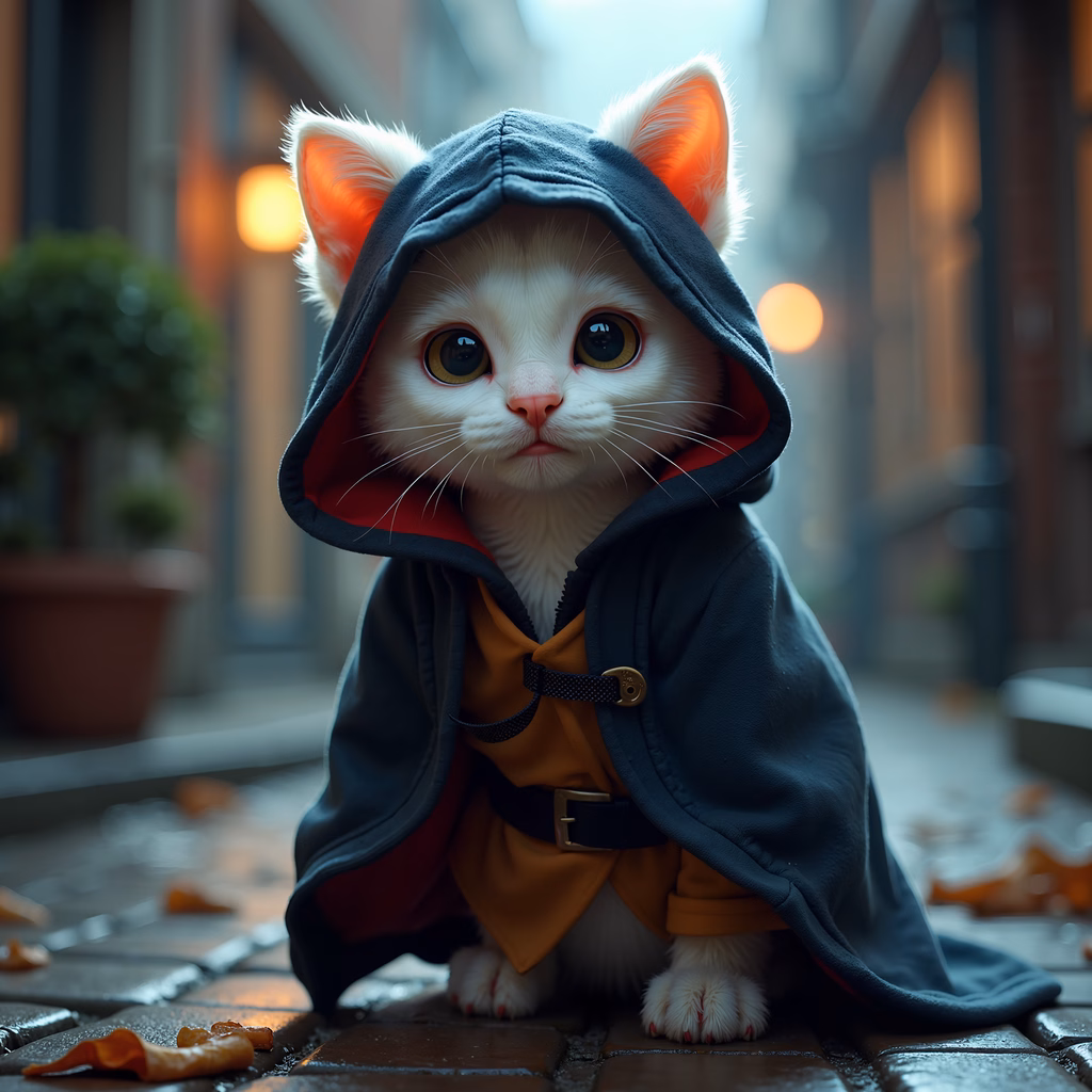 A cute cat in a hooded cloak sitting on a cobblestone street with warm lights in the background.