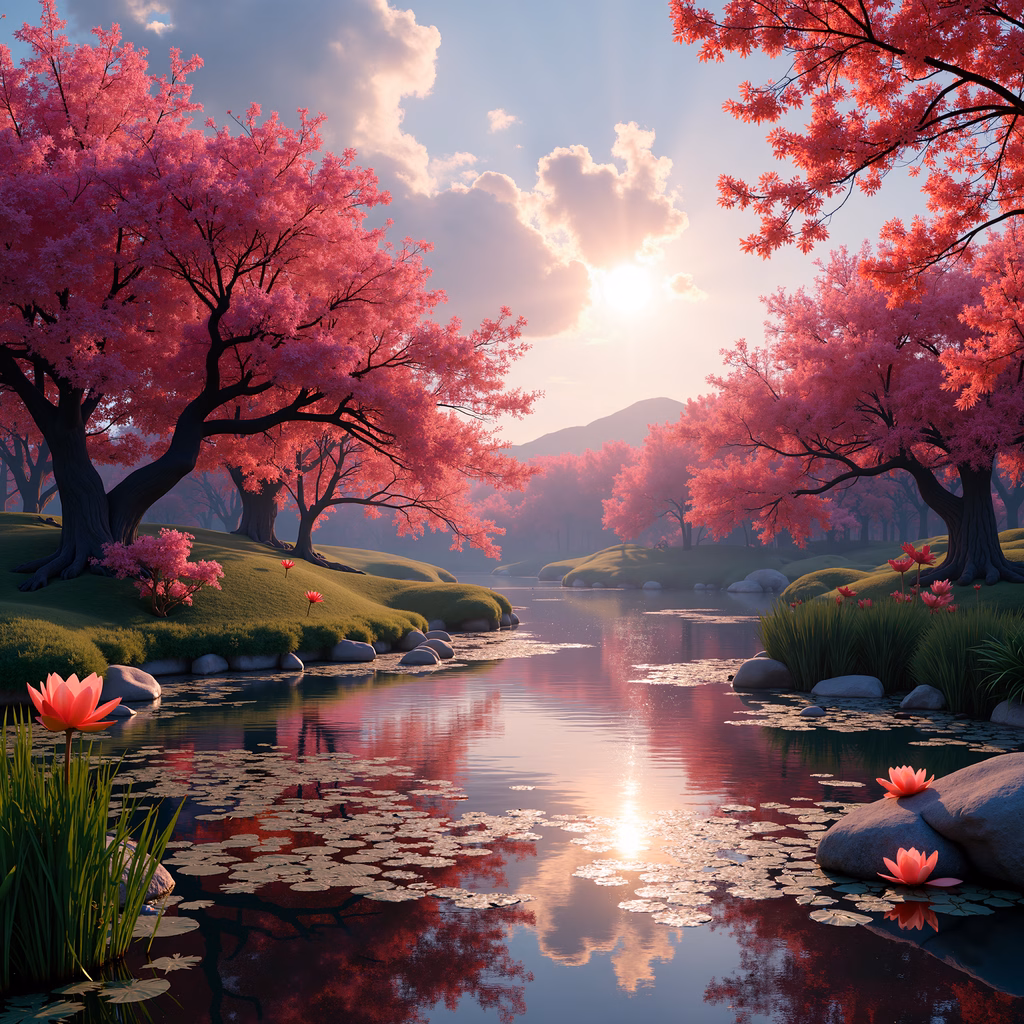 A picturesque scene of cherry blossoms and a reflective river under a soft sky.
