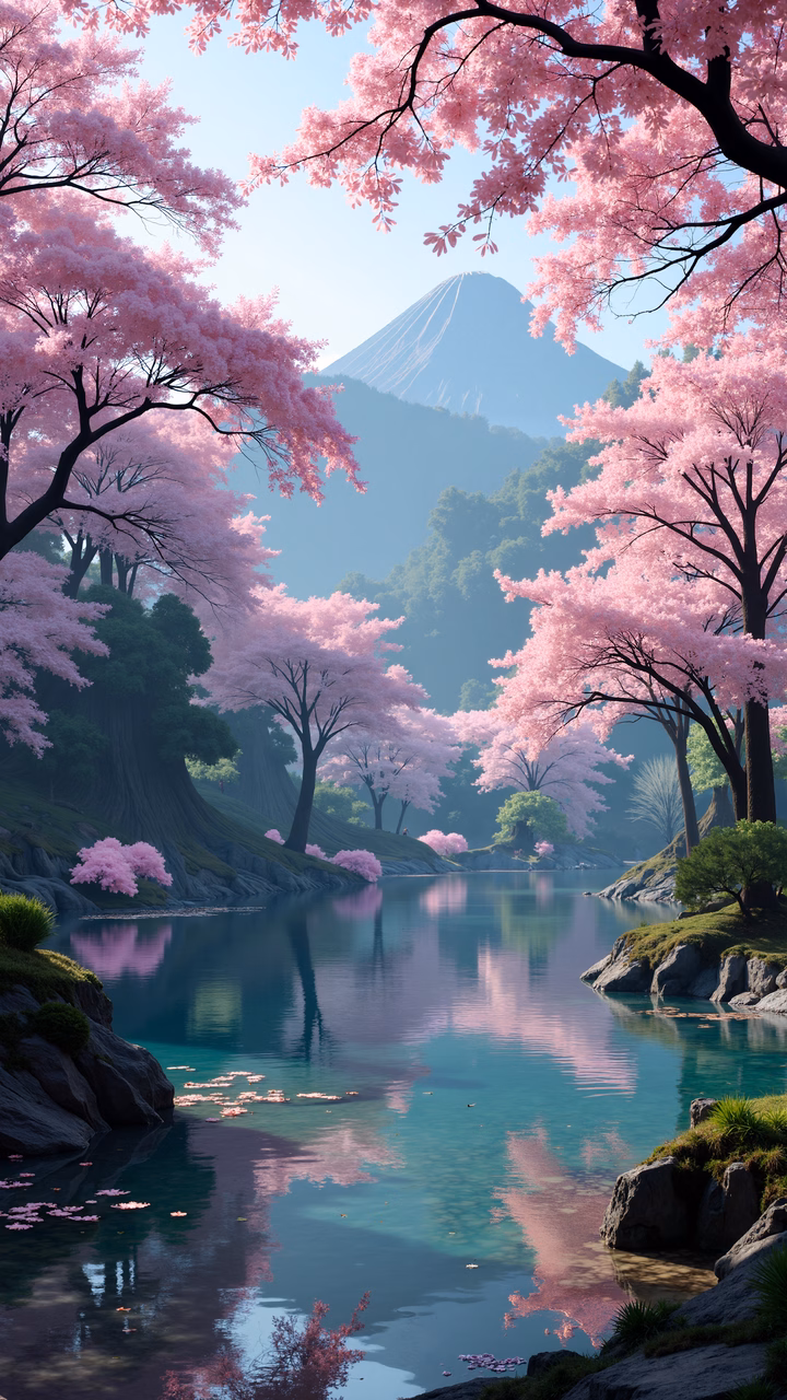 A picturesque scene of cherry blossoms and Mount Fuji reflecting in a serene lake.