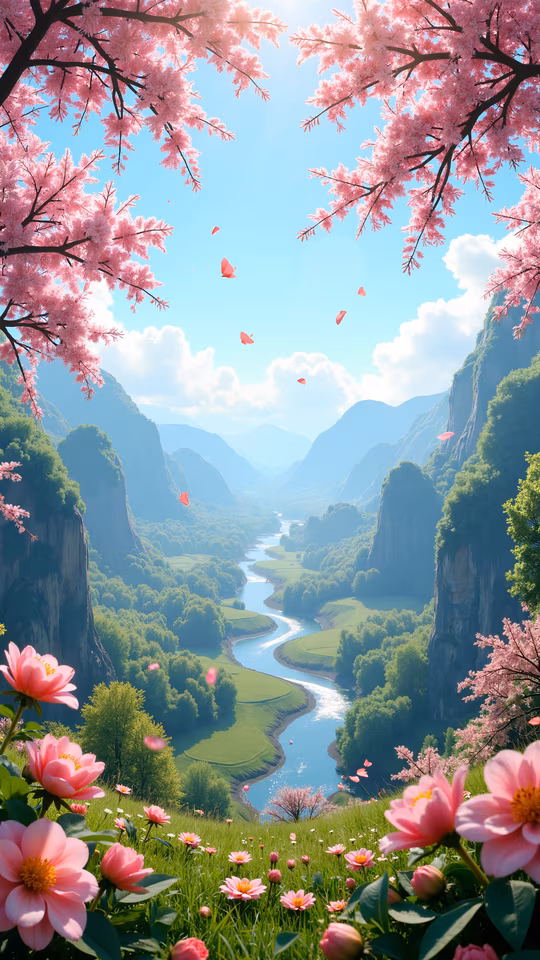 Cherry Blossom Valley Illustration