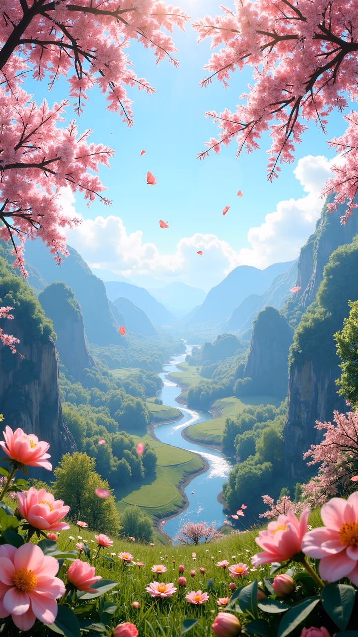 Cherry blossoms and tranquil river in a picturesque landscape.