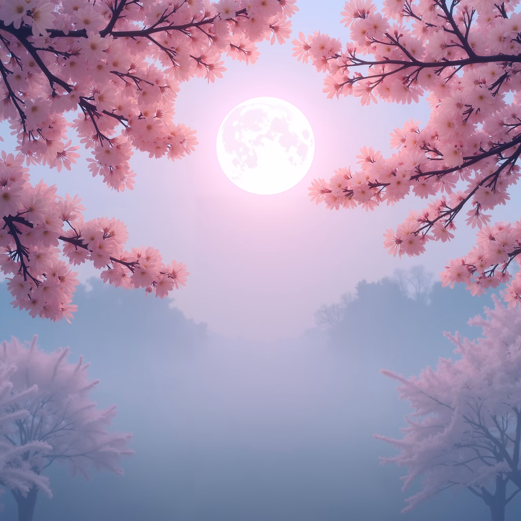 Cherry blossoms and a full moon create a mystical landscape.