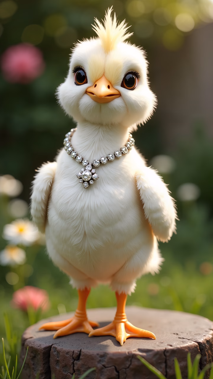 A chic chick wearing a diamond necklace in a lush garden setting.