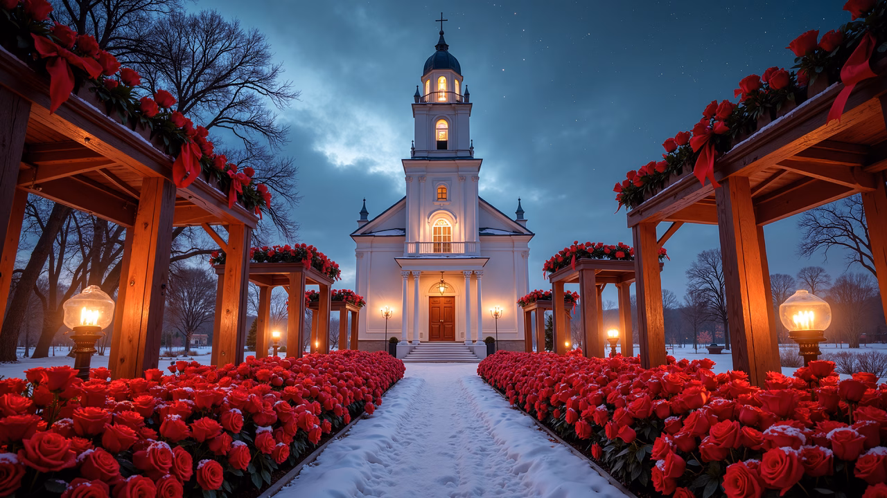 A picturesque church decorated with red roses under a starlit sky during Christmas.
