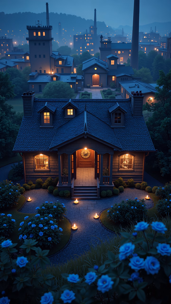A cozy cottage surrounded by blue flowers and warm lights against a twilight backdrop.
