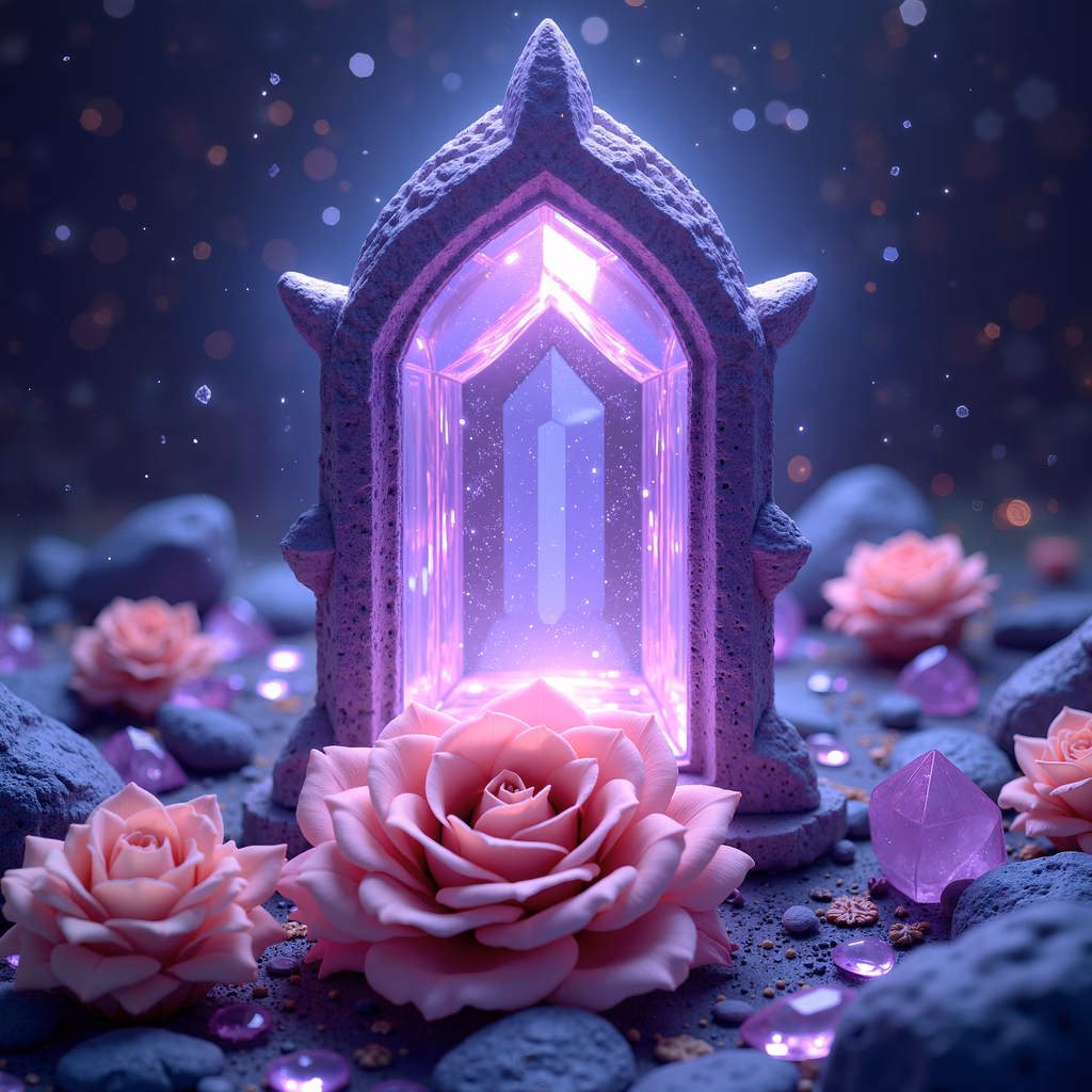 A magical crystal shrine with roses and gemstones in a serene setting.