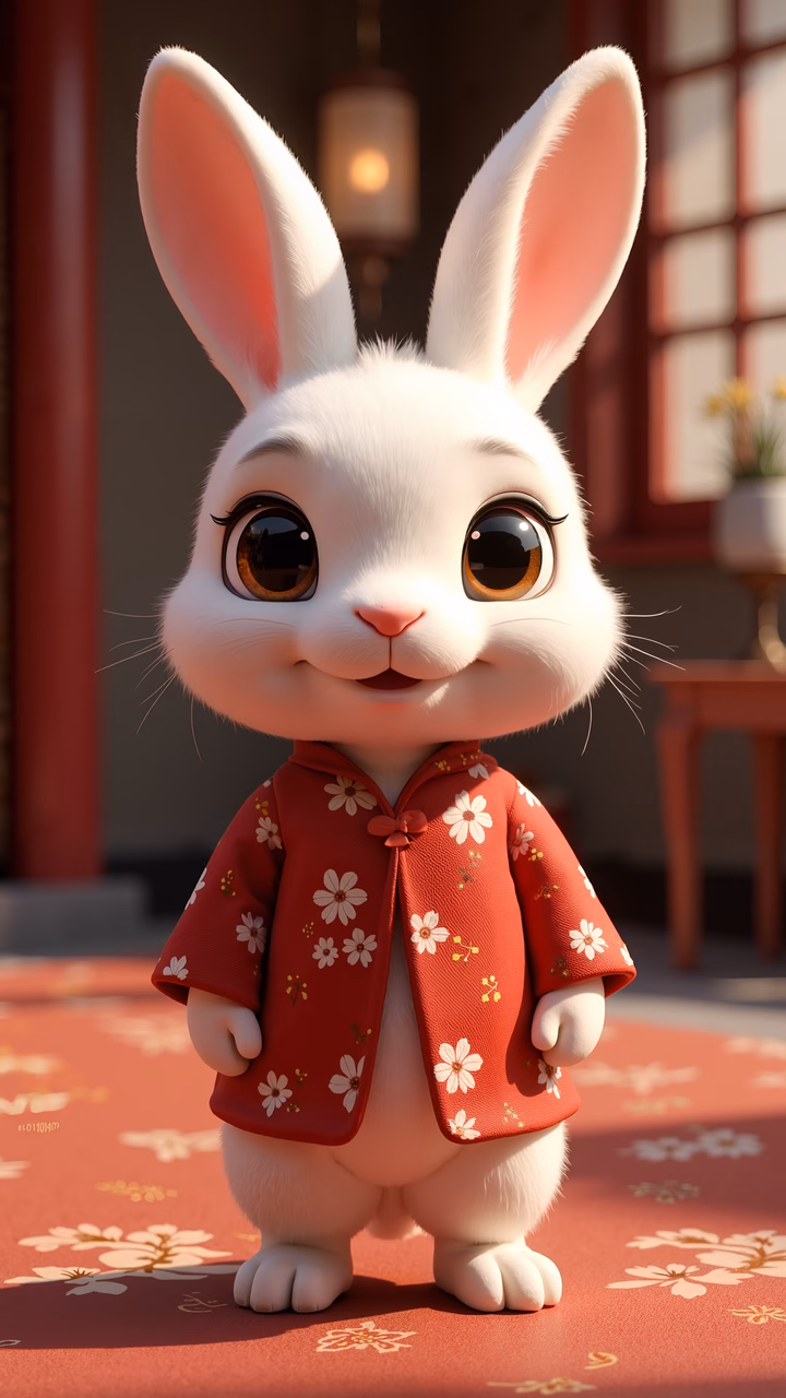 A delightful illustration of a rabbit in a traditional Chinese robe, exuding warmth and charm.