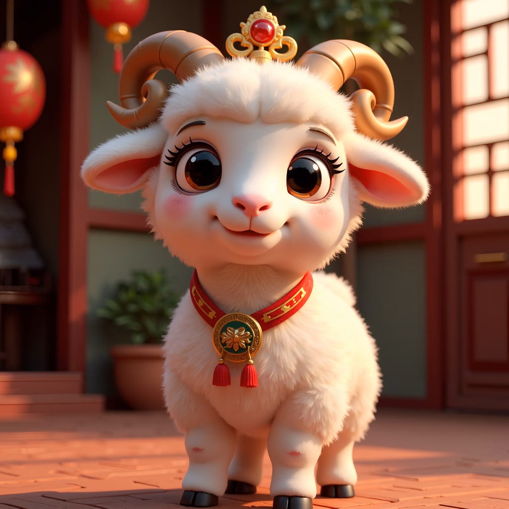 A cute cartoon ram wearing a royal crown and medallion, set against a traditional Chinese backdrop.